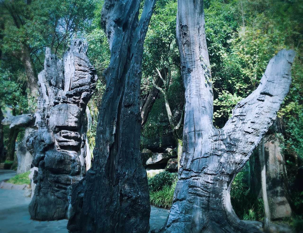 一处以根雕艺术为主的博览园区，园内的根雕作品以佛像为主，其中最大的一尊