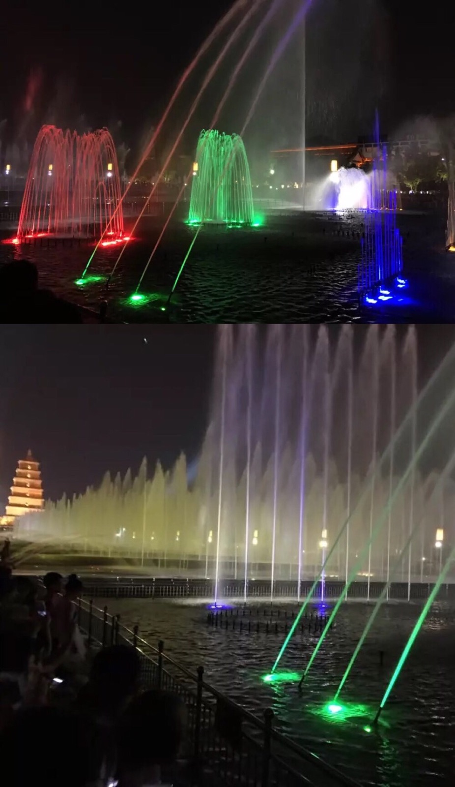 大雁塔北广场的音乐喷泉是当地一景，晚上快到演出时间时已经人山人海。在灯