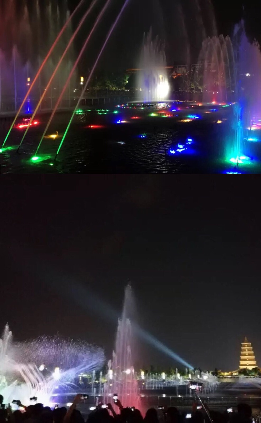 大雁塔北广场的音乐喷泉是当地一景，晚上快到演出时间时已经人山人海。在灯