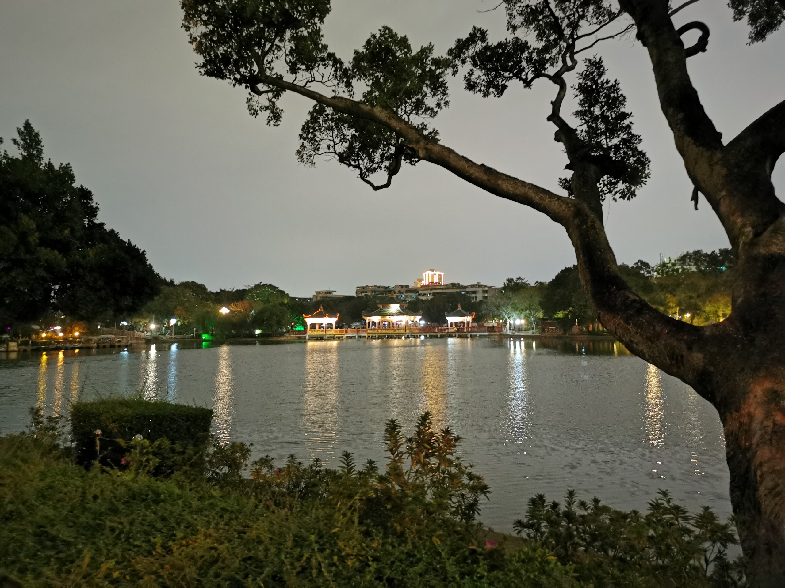 夜游汕头中山公园汕头公园有一玉鑑湖，穿湖有九曲桥
