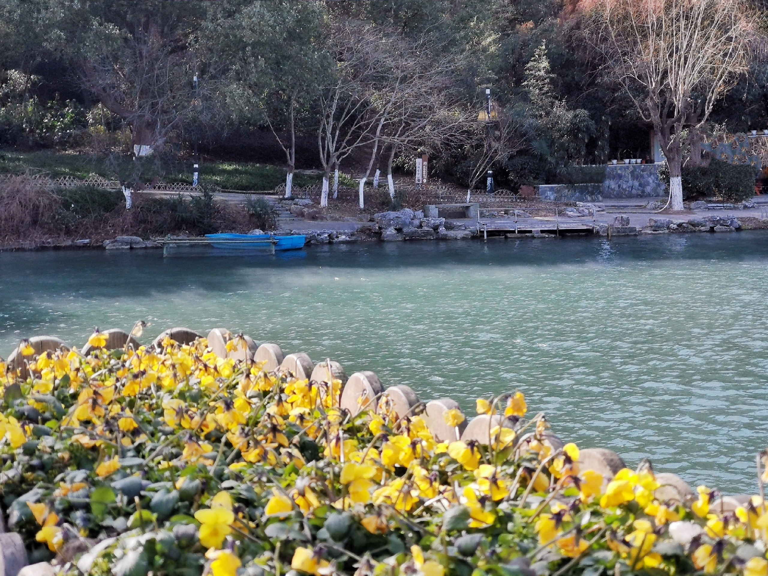 南京浦口珍珠泉公园富有地热资源，泉眼喷出来的水源，在水面有热气冒出